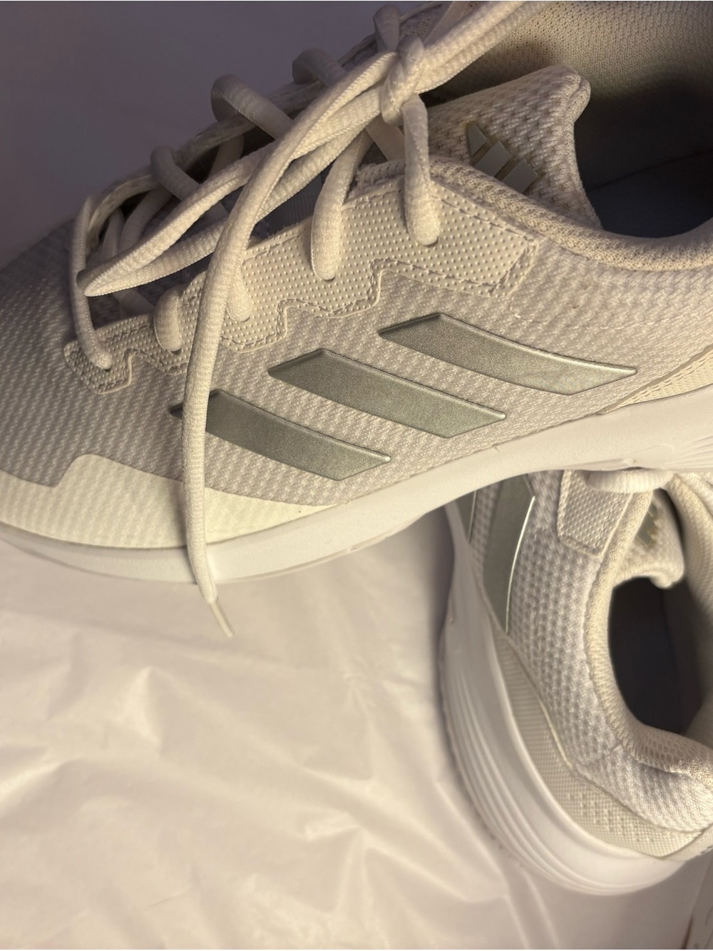adidas Women’s Gamecourt 2 White Athletic Sneakers with Silver Stripes